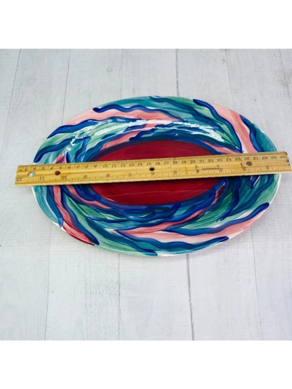 Gail Pittman FLAME Red Green Blue Wavy Line Band Ceramic 11.5